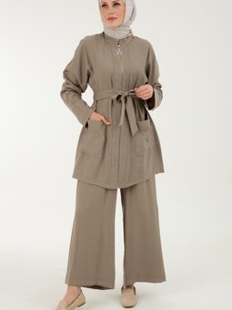Armine Trend Beli Kuşaklı Pantolonlu Takım Haki 24yt696