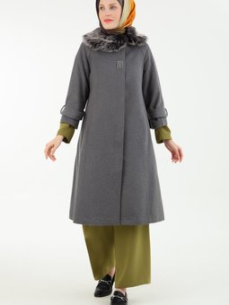 Trend Yakası Kürklü Gizli Düğmeli Cepli Kap 22kt750 Gri
