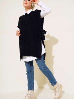 11024 Yandan Kuşak Bağlamalı Süveter Siyah