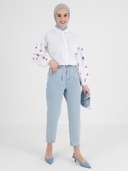 Boyfriend Kalıp Pile Detaylı Kot Pantolon Buz Mavisi