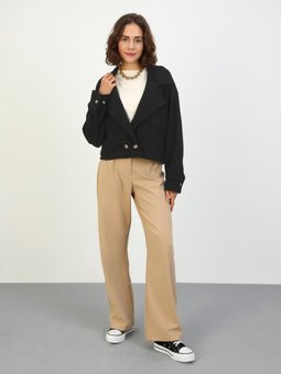 Düğme Detaylı Selanik Kumaş Kısa Siyah Ceket