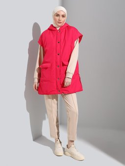 Elyaf Dolgulu Çıtçıtlı Kapüşonlu Yelek Fuşya