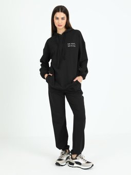 Rahat Kalıp İki İplik Baskılı Eşofman Takımı Siyah