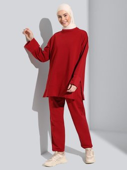 Yanları Yırtmaçlı Oversize İkili Eşofman Takımı Bordo