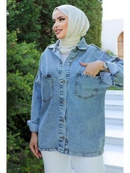 Oversize Çift Cepli Kot Açık Mavi Ceket