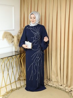 Lacivert Krep Kumaş Taşlı Abiye Elbise