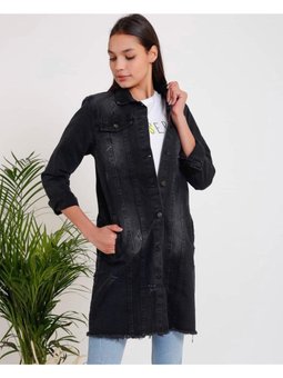 Siyah Yıkamalı Uzun Kot Ceket