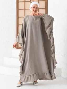 Melanjlı Kumaş Pul Payet Şerit Detaylı Fermuarlı Ferace Haki