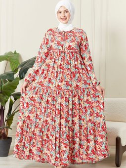 Eteği Kat Kat Çiçek Desenli Çingene Viskon Elbise Anne Namaz Elbisesi