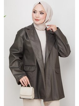 Sim Görünümlü Suni Deri Haki Ceket