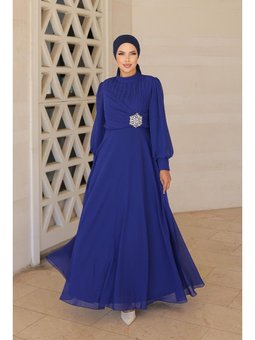 Büyük Beden Gizem Şifon Abiye Elbise Saks Mavisi