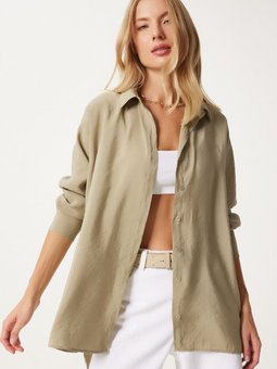 Çağla Yeşili Oversize Uzun Keten Ayrobin Gömlek To00141