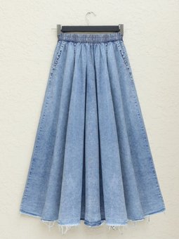 Eteği Püsküllü Yıkamalı Kot Etek