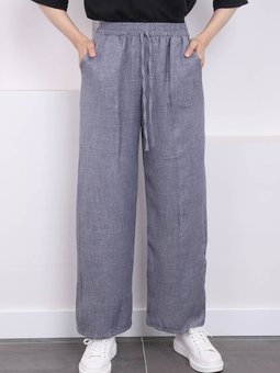 Gri Bel Lastikli Cepli Keten Pantolon