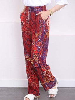 Kırmızı Desenli Cepli Viscon Pantolon