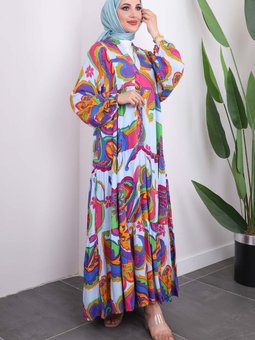 Mor Yarım Düğmeli Eteği Katlı Viscon Elbise