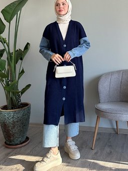 Kolları Kot Detaylı Lacivert Triko Hırka