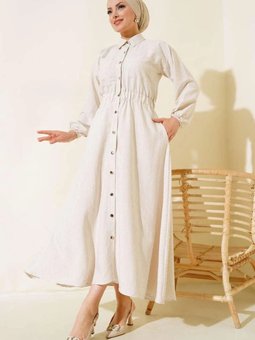 Bej Metal Düğmeli Elbise