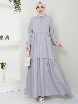 Gri Viskon Kumaş Yaka Gömlek Elbise