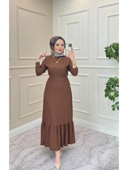 Kahverengi Etek Fırfır Detaylı Elbise