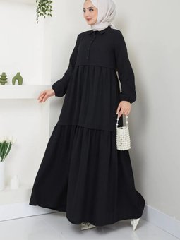Siyah Viskon Kumaş Yaka Gömlek Elbise