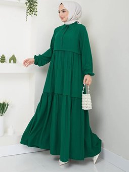 Zümrüt Yeşili Viskon Kumaş Yaka Gömlek Elbise
