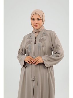 Çiçek Desenli Nakışlı Abaya Bej