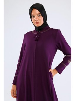 Kol Ve Yaka Nakışlı Yazlık Keten Mürdüm Ferace