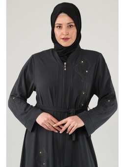 Nakışlı Taşlı Fermuarlı Antrasit Ferace