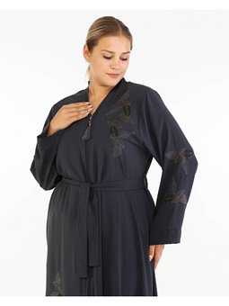 Yaprak Desenli Taşlı Nakışlı Abaya Antrasit