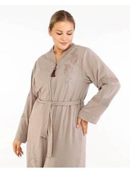 Yaprak Desenli Taşlı Nakışlı Abaya Bej
