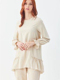 Dantel Şeritli Eteği Volanlı Krem Bluz