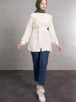 Omuz Mini Fırfırlı Işıltılı Düğmeli Tunik Krem