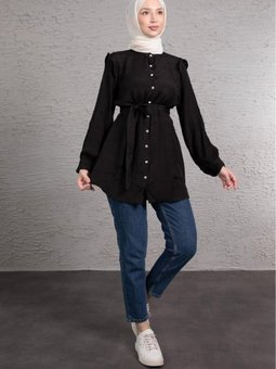 Omuz Mini Fırfırlı Işıltılı Düğmeli Tunik Siyah