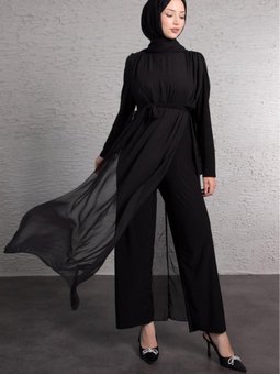 Tül Detaylı Kuşak Bağlamalı Tulum Siyah