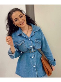 Mavi Kemerli Kot Ceket