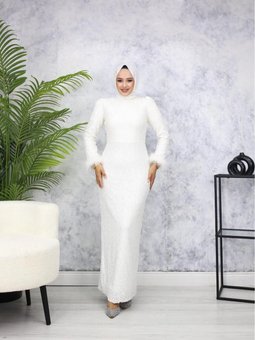 Beyaz Pul Payet Abiye Elbise