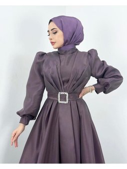 Tafta Kumaş Kemerli Taşlı Mezuniyet Düğün Abiye Elbise