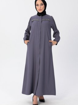 Antrasit Fermuarlı Taş Detaylı Ferace