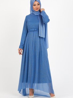 Bebe Mavisi Simli Pileli Abiye Elbise