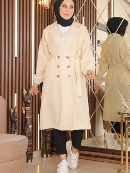 Bej Düğme Detaylı Trençkot