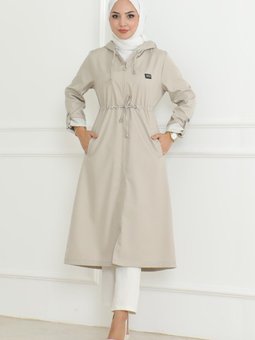 Bej Kapüşonlu Fermuarlı Trençkot