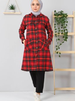 Bordo Düğmeli Ekoseli Kap