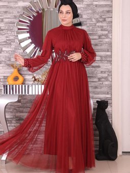 Bordo İncili Dantel Detaylı Tül Abiye Elbise