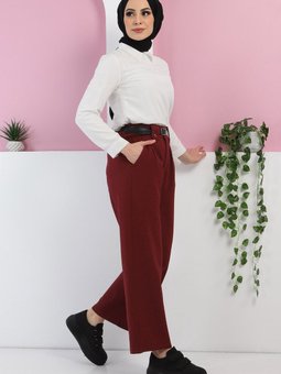 Bordo Kemerli Bol Paça Pantolon