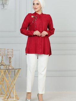 Bordo Nakış Detaylı Tunik