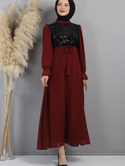 Bordo Pulpayetli Şifon Abiye Elbise