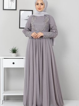 Gri Dantel Detaylı Simli Abiye Elbise