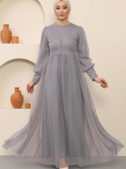 Gri Düğme Detaylı Tül Abiye Elbise