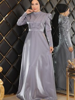 Gri Göğsü Drapeli Abiye Elbise